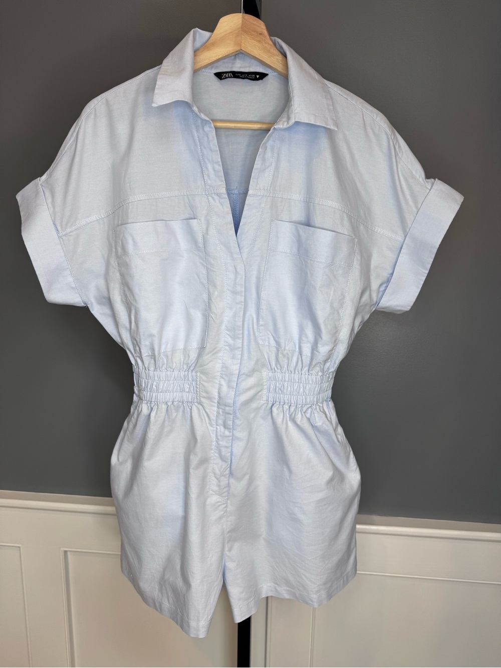 Zara 100% Cotton Light Blue Utility Romper Shorts Women’s US S